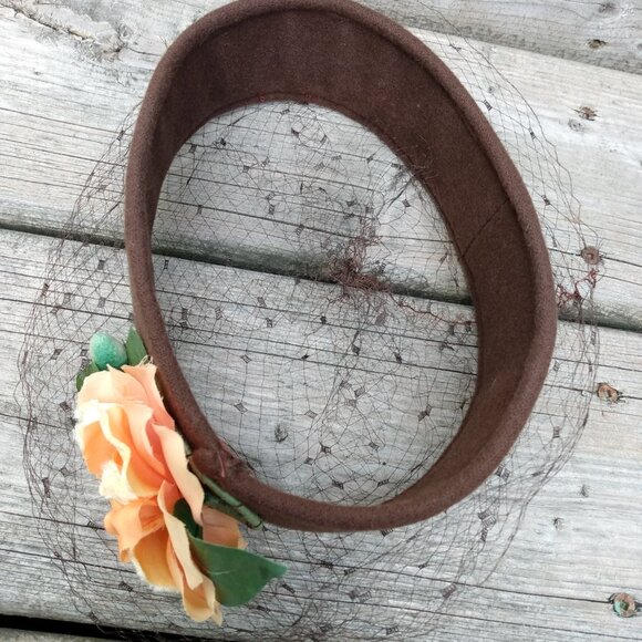 Vintage Brown Ring Hat with Netting and Orange Flower Bandeau Crown Autumn - Picture 8 of 8